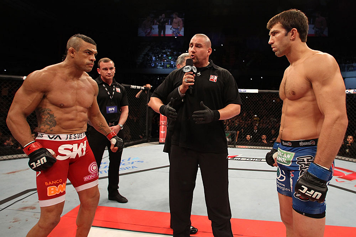 JARAGUA DO SUL, BRAZIL - MAY 18: (L-R) Opponents Vitor Belfort and Luke Rockhold face off before their middleweight bout during the UFC on FX event on May 18, 2013 at Arena Jaragua in Jaragua do Sul, Santa Catarina, Brazil. (Photo by Josh Hedges/Zuffa