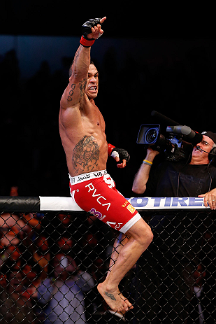 JARAGUA DO SUL, BRAZIL - MAY 18: Vitor Belfort reacts after knocking out Luke Rockhold in their middleweight bout during the UFC on FX event on May 18, 2013 at Arena Jaragua in Jaragua do Sul, Santa Catarina, Brazil. (Photo by Josh Hedges/Zuffa LLC/Zuffa