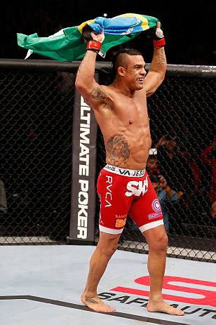 JARAGUA DO SUL, BRAZIL - MAY 18: Vitor Belfort reacts after knocking out Luke Rockhold in their middleweight bout during the UFC on FX event on May 18, 2013 at Arena Jaragua in Jaragua do Sul, Santa Catarina, Brazil. (Photo by Josh Hedges/Zuffa LLC/Zuffa