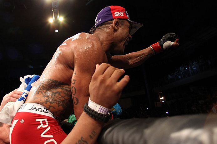 JARAGUA DO SUL, BRAZIL - MAY 18: Vitor Belfort reacts after knocking out Luke Rockhold in their middleweight bout during the UFC on FX event on May 18, 2013 at Arena Jaragua in Jaragua do Sul, Santa Catarina, Brazil. (Photo by Josh Hedges/Zuffa LLC/Zuffa
