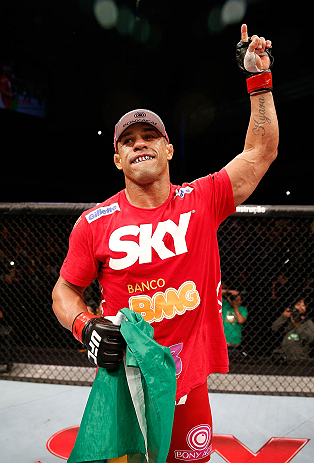 JARAGUA DO SUL, BRAZIL - MAY 18: Vitor Belfort reacts after knocking out Luke Rockhold in their middleweight bout during the UFC on FX event on May 18, 2013 at Arena Jaragua in Jaragua do Sul, Santa Catarina, Brazil. (Photo by Josh Hedges/Zuffa LLC/Zuffa