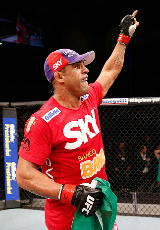 JARAGUA DO SUL, BRAZIL - MAY 18: Vitor Belfort reacts after knocking out Luke Rockhold in their middleweight bout during the UFC on FX event on May 18, 2013 at Arena Jaragua in Jaragua do Sul, Santa Catarina, Brazil. (Photo by Josh Hedges/Zuffa LLC/Zuffa