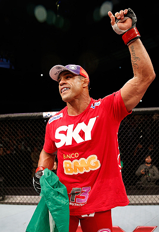 JARAGUA DO SUL, BRAZIL - MAY 18: Vitor Belfort reacts after knocking out Luke Rockhold in their middleweight bout during the UFC on FX event on May 18, 2013 at Arena Jaragua in Jaragua do Sul, Santa Catarina, Brazil. (Photo by Josh Hedges/Zuffa LLC/Zuffa