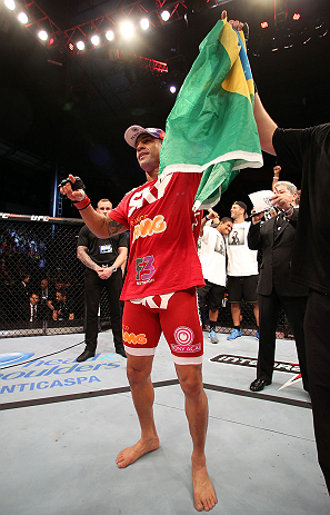 JARAGUA DO SUL, BRAZIL - MAY 18: Vitor Belfort reacts after knocking out Luke Rockhold in their middleweight bout during the UFC on FX event on May 18, 2013 at Arena Jaragua in Jaragua do Sul, Santa Catarina, Brazil. (Photo by Josh Hedges/Zuffa LLC/Zuffa