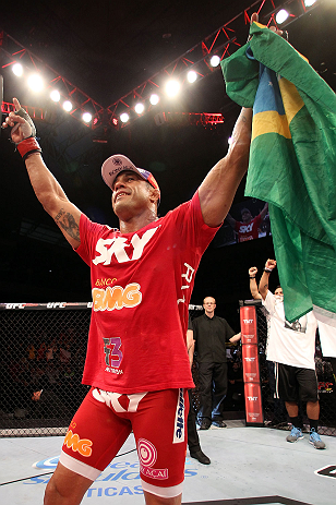 JARAGUA DO SUL, BRAZIL - MAY 18: Vitor Belfort reacts after knocking out Luke Rockhold in their middleweight bout during the UFC on FX event on May 18, 2013 at Arena Jaragua in Jaragua do Sul, Santa Catarina, Brazil. (Photo by Josh Hedges/Zuffa LLC/Zuffa