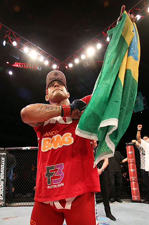 JARAGUA DO SUL, BRAZIL - MAY 18: Vitor Belfort reacts after knocking out Luke Rockhold in their middleweight bout during the UFC on FX event on May 18, 2013 at Arena Jaragua in Jaragua do Sul, Santa Catarina, Brazil. (Photo by Josh Hedges/Zuffa LLC/Zuffa