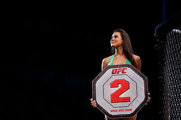 JARAGUA DO SUL, BRAZIL - MAY 18: UFC Octagon Girl Camila Rodrigues de Oliveira introduces a round during the UFC on FX event on May 18, 2013 at Arena Jaragua in Jaragua do Sul, Santa Catarina, Brazil. (Photo by Josh Hedges/Zuffa LLC/Zuffa LLC via Gett