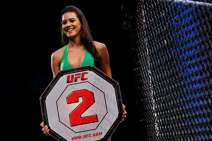 JARAGUA DO SUL, BRAZIL - MAY 18: UFC Octagon Girl Camila Rodrigues de Oliveira introduces a round during the UFC on FX event on May 18, 2013 at Arena Jaragua in Jaragua do Sul, Santa Catarina, Brazil. (Photo by Josh Hedges/Zuffa LLC/Zuffa LLC via Gett