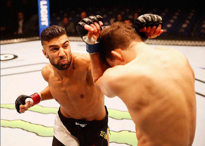 LONDON, ENGLAND - FEBRUARY 27: David Teymur of Sweden and Martin Svensson of Sweden compete in their Lightweight bout during the UFC Fight Night held at at Indigo at The O2 Arena on February 27, 2016 in London, England. (Photo by Dean Mouhtaropoulos/Zuf