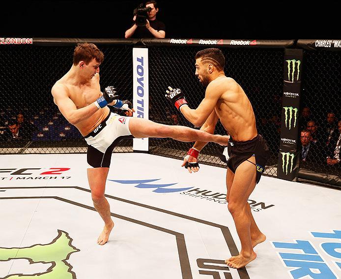 LONDON, ENGLAND - FEBRUARY 27: David Teymur of Sweden and Martin Svensson of Sweden compete in their Lightweight bout during the UFC Fight Night held at at Indigo at The O2 Arena on February 27, 2016 in London, England. (Photo by Dean Mouhtaropoulos/Zuf