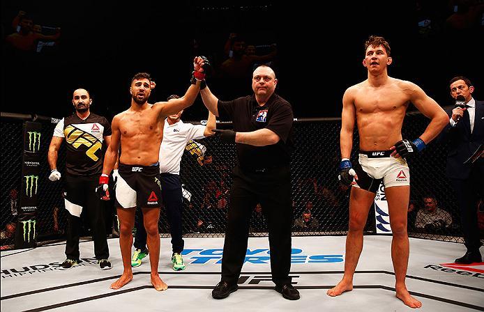 LONDON, ENGLAND - FEBRUARY 27: David Teymur of Sweden celebrates after beating and Martin Svensson of Sweden in their Lightweight bout during the UFC Fight Night held at at Indigo at The O2 Arena on February 27, 2016 in London, England. (Photo by Dean M