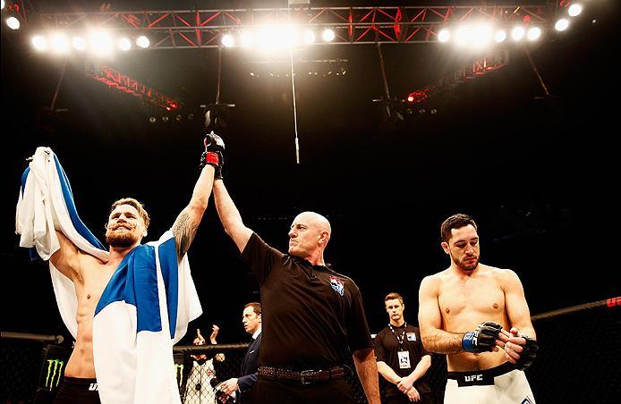 LONDON, ENGLAND - FEBRUARY 27: Teemu 'Pacu' Packalen of Finland celebrates after beating Thibault 'GT' Gouti of France in his Lightweight bout during the UFC Fight Night held at at Indigo at The O2 Arena on February 27, 2016 in London, England. (Photo b