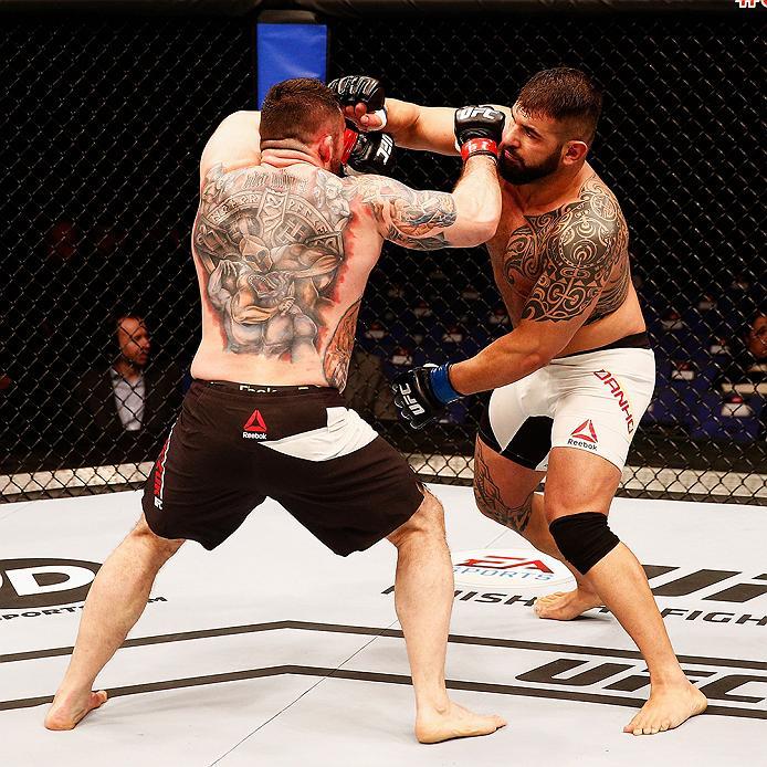 LONDON, ENGLAND - FEBRUARY 27: Daniel Omielanczuk of Poland (L) and Jarjis 'Man Mountain' Danho of Syria (R) compete in their Heavyweight bout during the UFC Fight Night held at at Indigo at The O2 Arena on February 27, 2016 in London, England. (Photo b