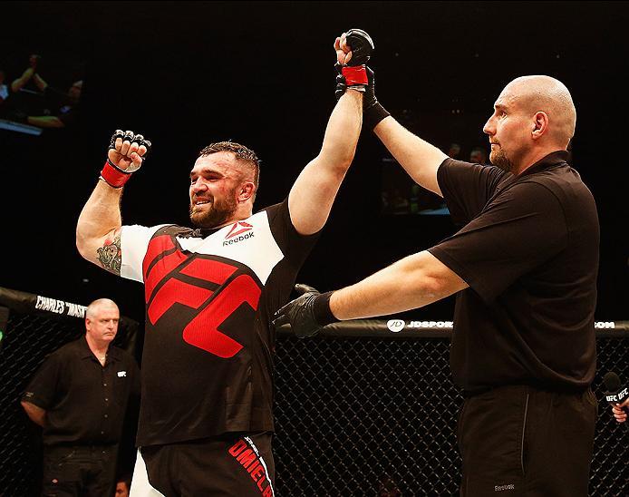 LONDON, ENGLAND - FEBRUARY 27: Daniel Omielanczuk of Poland celebrates after beating Jarjis 'Man Mountain' Danho of Syria in their Heavyweight bout during the UFC Fight Night held at at Indigo at The O2 Arena on February 27, 2016 in London, England. (Ph