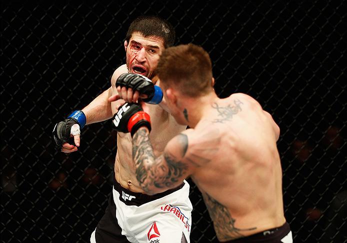 LONDON, ENGLAND - FEBRUARY 27: Rustam 'Tiger' Khabilov of Russia in action against Norman 'Stormin' Parke of Northern Ireland in their Lightweight bout during the UFC Fight Night held at at Indigo at The O2 Arena on February 27, 2016 in London, England.