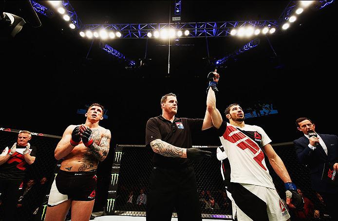 LONDON, ENGLAND - FEBRUARY 27: Rustam 'Tiger' Khabilov of Russia celebrates after beating Norman 'Stormin' Parke of Northern Ireland in their Lightweight bout during the UFC Fight Night held at at Indigo at The O2 Arena on February 27, 2016 in London, Eng