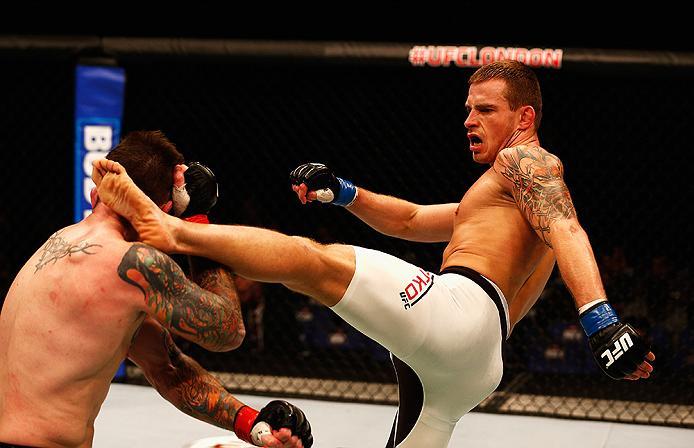 LONDON, ENGLAND - FEBRUARY 27: Brad 'Bear' Scott of England (L) and Krzysztof Jotko of Poland (R) compete in their Middleweight bout during the UFC Fight Night held at at Indigo at The O2 Arena on February 27, 2016 in London, England. (Photo by Dean Mou