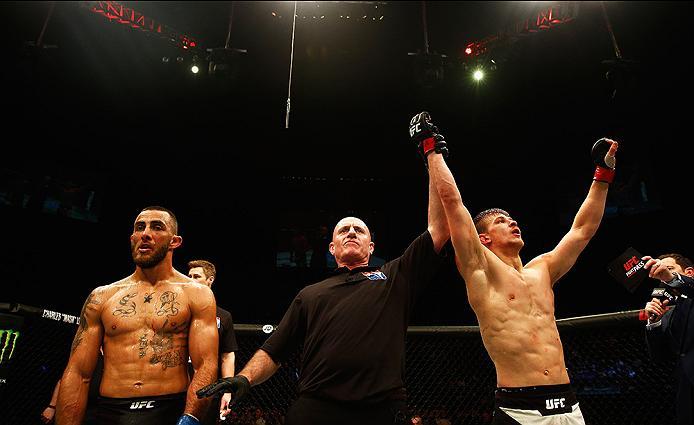 LONDON, ENGLAND - FEBRUARY 27: Arnold 'Almighty' Allen of England celebrates his victory after beating Yaotzin Meza of the USA in their Featherweight bout during the UFC Fight Night held at at Indigo at The O2 Arena on February 27, 2016 in London, Englan