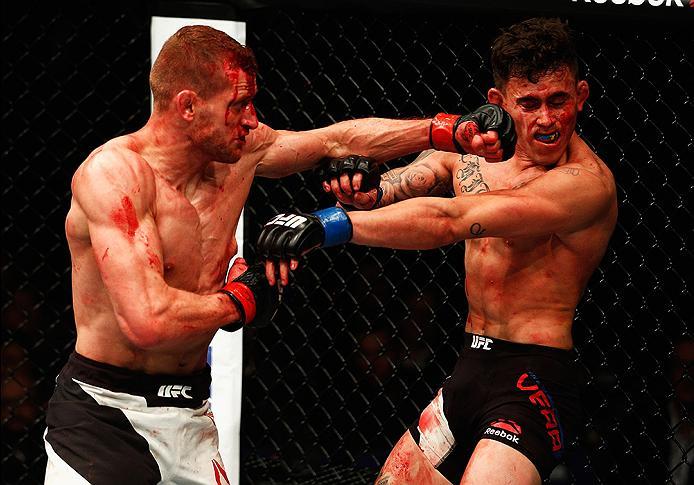 LONDON, ENGLAND - FEBRUARY 27: Davey 'Dangerous' Grant of England (L) and Marlon 'Chito' Vera of Ecuador (R) compete in their Bantamweight bout during the UFC Fight Night held at at Indigo at The O2 Arena on February 27, 2016 in London, England. (Photo