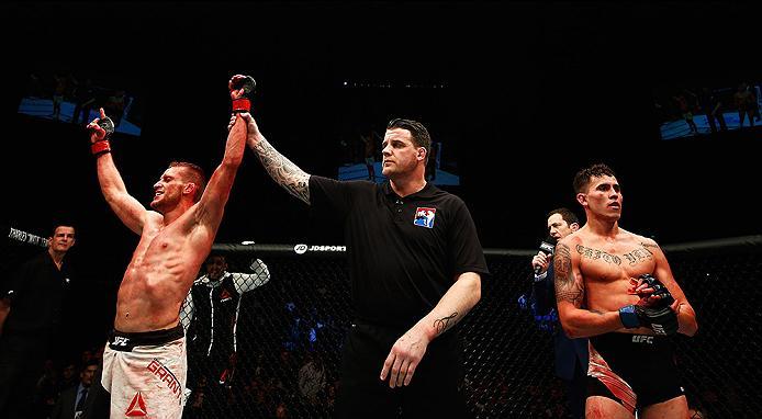 LONDON, ENGLAND - FEBRUARY 27: Davey 'Dangerous' Grant of England celebrates his victory over Marlon 'Chito' Vera of Ecuadorafter winning their Bantamweight bout during the UFC Fight Night held at at Indigo at The O2 Arena on February 27, 2016 in London,