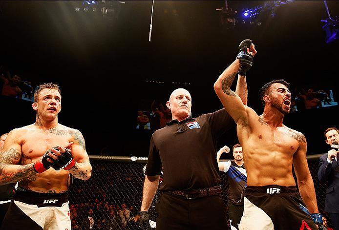 LONDON, ENGLAND - FEBRUARY 27: Makwan 'Mr. Finland' Amirkhani of Kurdistan celebrates after beating Mike 'The Warrior' Wilkinson of England in their Featherweight bout during the UFC Fight Night held at at Indigo at The O2 Arena on February 27, 2016 in L