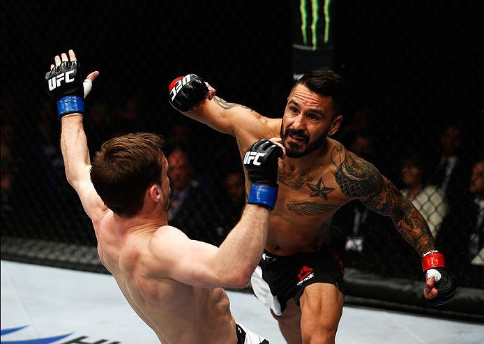 LONDON, ENGLAND - FEBRUARY 27: Francisco 'Cisco' Rivera of the USA (R) and Brad 'One Punch' Pickett of England compete in their Bantamweight bout during the UFC Fight Night held at at Indigo at The O2 Arena on February 27, 2016 in London, England. (Phot