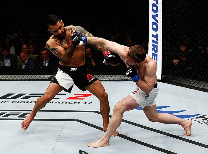 LONDON, ENGLAND - FEBRUARY 27: Francisco 'Cisco' Rivera of the USA (L) and Brad 'One Punch' Pickett of England (R) compete in their Bantamweight bout during the UFC Fight Night held at at Indigo at The O2 Arena on February 27, 2016 in London, England. (