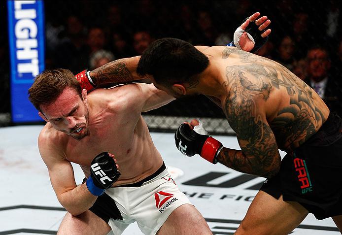 LONDON, ENGLAND - FEBRUARY 27: Francisco 'Cisco' Rivera of the USA (R) and Brad 'One Punch' Pickett of England compete in their Bantamweight bout during the UFC Fight Night held at at Indigo at The O2 Arena on February 27, 2016 in London, England. (Phot