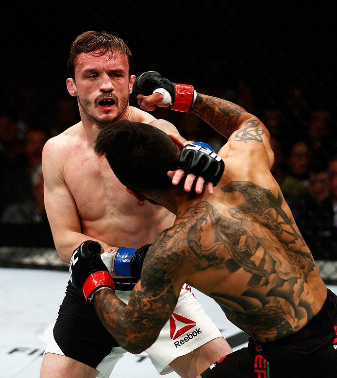 LONDON, ENGLAND - FEBRUARY 27: Francisco 'Cisco' Rivera of the USA (R) and Brad 'One Punch' Pickett of England compete in their Bantamweight bout during the UFC Fight Night held at at Indigo at The O2 Arena on February 27, 2016 in London, England. (Phot