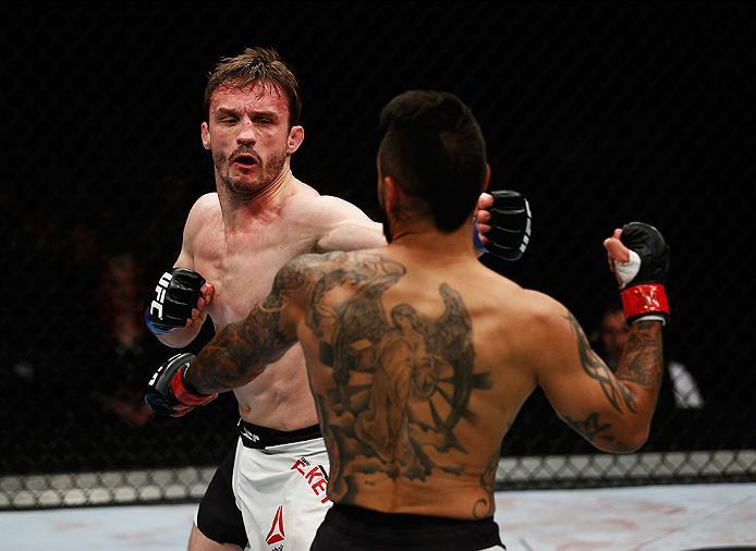 LONDON, ENGLAND - FEBRUARY 27: Francisco 'Cisco' Rivera of the USA (R) and Brad 'One Punch' Pickett of England compete in their Bantamweight bout during the UFC Fight Night held at at Indigo at The O2 Arena on February 27, 2016 in London, England. (Phot