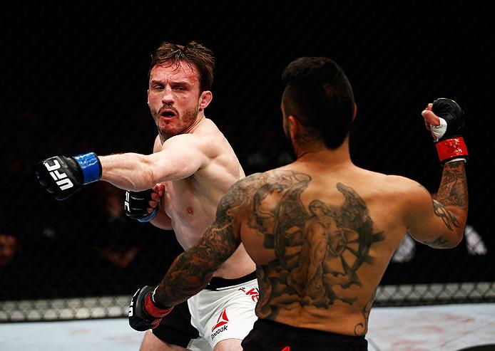 LONDON, ENGLAND - FEBRUARY 27: Francisco 'Cisco' Rivera of the USA (R) and Brad 'One Punch' Pickett of England compete in their Bantamweight bout during the UFC Fight Night held at at Indigo at The O2 Arena on February 27, 2016 in London, England. (Phot