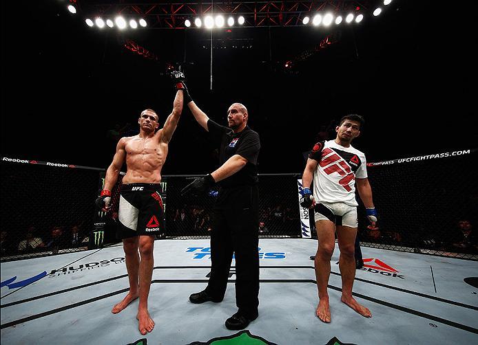LONDON, ENGLAND - FEBRUARY 27: Tom Breese of England celebrates his win against Keita 'K-Taro' Nakamura of Japan in their Welterweight bout during the UFC Fight Night held at at Indigo at The O2 Arena on February 27, 2016 in London, England. (Photo by D