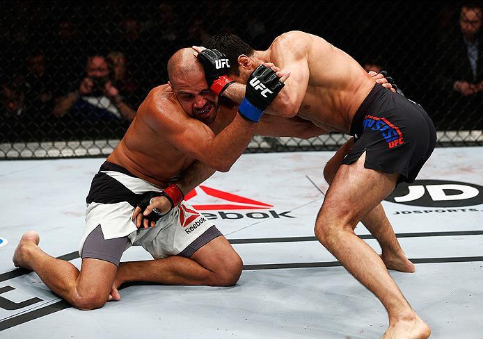 LONDON, ENGLAND - FEBRUARY 27: Gegard Mousasi of Netherlands (R) and Thales Leites of Brazil (L) compete in their Middleweight bout during the UFC Fight Night held at at Indigo at The O2 Arena on February 27, 2016 in London, England. (Photo by Dean Mouh