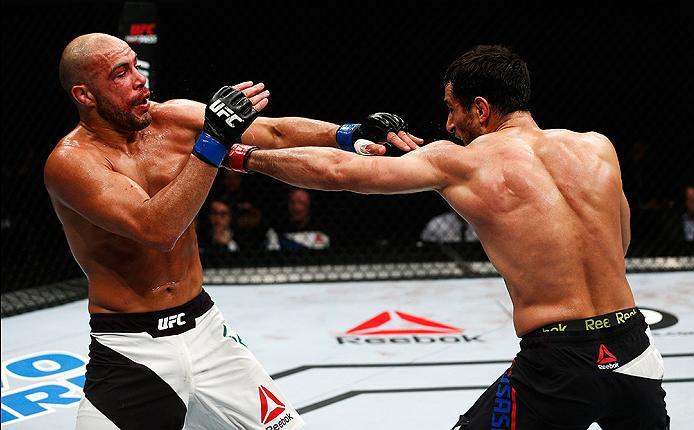 LONDON, ENGLAND - FEBRUARY 27: Gegard Mousasi of Netherlands (R) and Thales Leites of Brazil (L) compete in their Middleweight bout during the UFC Fight Night held at at Indigo at The O2 Arena on February 27, 2016 in London, England. (Photo by Dean Mouh