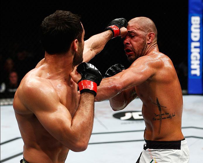 LONDON, ENGLAND - FEBRUARY 27: Gegard Mousasi of Netherlands (R) and Thales Leites of Brazil (R)compete in their Middleweight bout during the UFC Fight Night held at at Indigo at The O2 Arena on February 27, 2016 in London, England. (Photo by Dean Mouht
