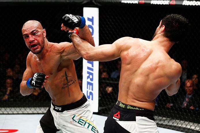 LONDON, ENGLAND - FEBRUARY 27: Gegard Mousasi of Netherlands (R) and Thales Leites of Brazil (L) compete in their Middleweight bout during the UFC Fight Night held at at Indigo at The O2 Arena on February 27, 2016 in London, England. (Photo by Dean Mouh