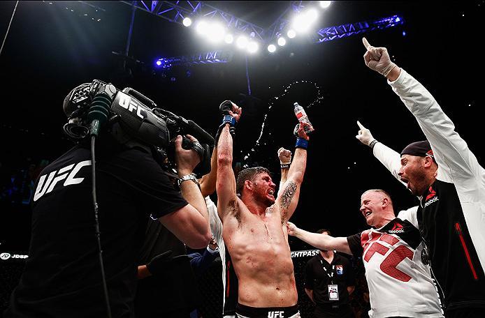 LONDON, ENGLAND - FEBRUARY 27: Michael 'The Count' Bisping of England celebrates after his victory over Anderson 'The Spider' Silva of Brazil in their Middleweight bout during the UFC Fight Night held at at Indigo at The O2 Arena on February 27, 2016 in