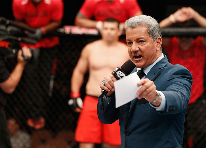 LAS VEGAS, NV - JULY 06: Bruce Buffer announces the light heavyweight fight between Patrick Walsh and Daniel Spohn during the Ultimate Fighter Finale inside the Mandalay Bay Events Center on July 6, 2014 in Las Vegas, Nevada. (Photo by Josh Hedges/Zuffa