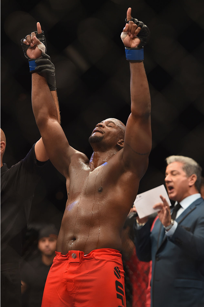 LAS VEGAS, NV - JULY 06: Eddie Gordon celebrates after defeating Dhiego Lima in their middleweight fight during the Ultimate Fighter Finale inside the Mandalay Bay Events Center on July 6, 2014 in Las Vegas, Nevada. (Photo by Jeff Bottari/Zuffa LLC/Zuff