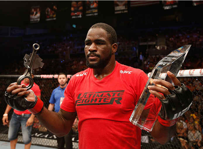 LAS VEGAS, NV - JULY 06: Corey Anderson celebrates after his win over Matt Van Buren in their light heavyweight fight during the Ultimate Fighter Finale inside the Mandalay Bay Events Center on July 6, 2014 in Las Vegas, Nevada. (Photo by Josh Hedges/Zu