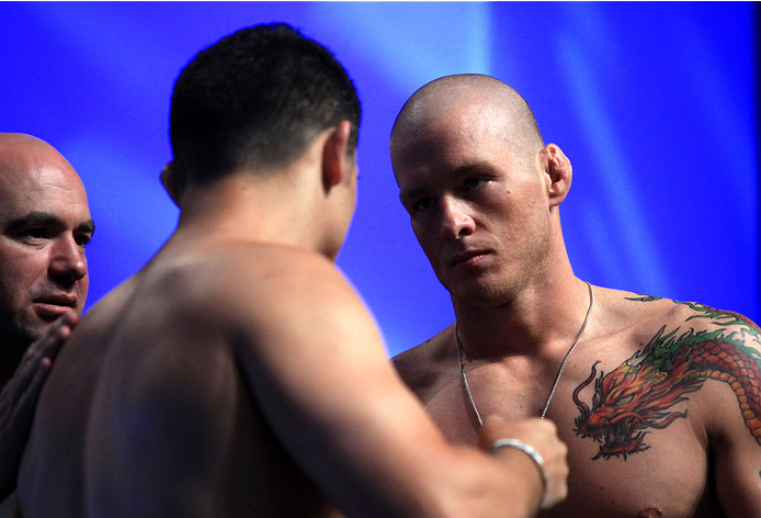 LAS VEGAS, NV - JULY 5: (L-R) Patrick Walsh faces off against Daniel Spohn during the TUF 19 Finale weigh-in inside the Mandalay Bay Convention Center on July 5, 2014 in Las Vegas, Nevada.(Photo by Brandon Magnus/Zuffa LLC/Zuffa LLC via Getty Images)