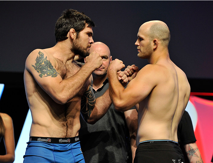 LAS VEGAS, NV - JULY 05: Mixed martial artists Robert Drysdale (L) and Keith Berish face off during the TUF 19 Finale weigh-in at the Mandalay Bay Convention Center on July 5, 2014 in Las Vegas, Nevada. (Photo by David Becker/Zuffa LLC/Zuffa LLC via Getty