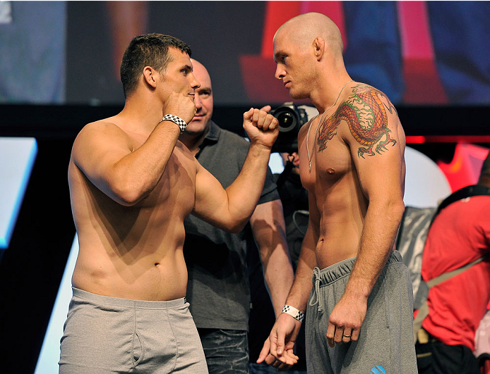 LAS VEGAS, NV - JULY 05: Mixed martial artists Patrick Walsh (L) and Daniel Spohn face off during the TUF 19 Finale weigh-in at the Mandalay Bay Convention Center on July 5, 2014 in Las Vegas, Nevada. (Photo by David Becker/Zuffa LLC/Zuffa LLC via Getty I