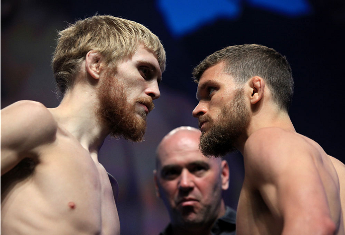 LAS VEGAS, NV - JULY 5: Justin Scoggins faces off against Dustin Ortiz weighs in during the TUF 19 Finale weigh-in inside the Mandalay Bay Convention Center on July 5, 2014 in Las Vegas, Nevada.(Photo by Brandon Magnus/Zuffa LLC/Zuffa LLC via Getty Images