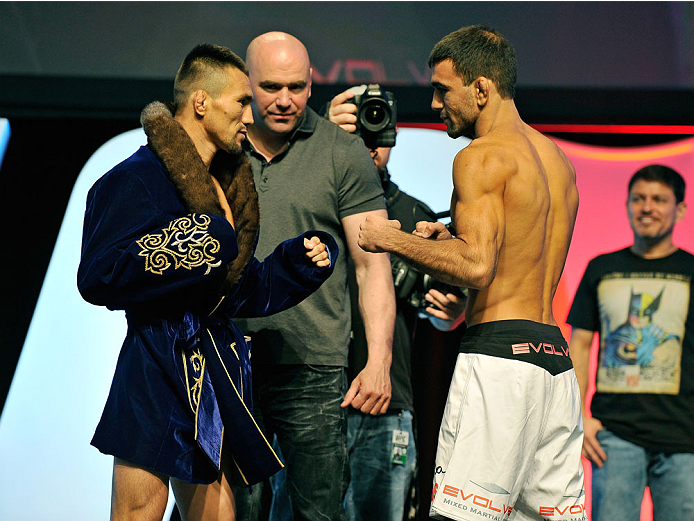 LAS VEGAS, NV - JULY 05: Mixed martial artists Jumabieke Tuerxun (L) and Leandro Issa face off during the TUF 19 Finale weigh-in at the Mandalay Bay Convention Center on July 5, 2014 in Las Vegas, Nevada. (Photo by David Becker/Zuffa LLC/Zuffa LLC via G
