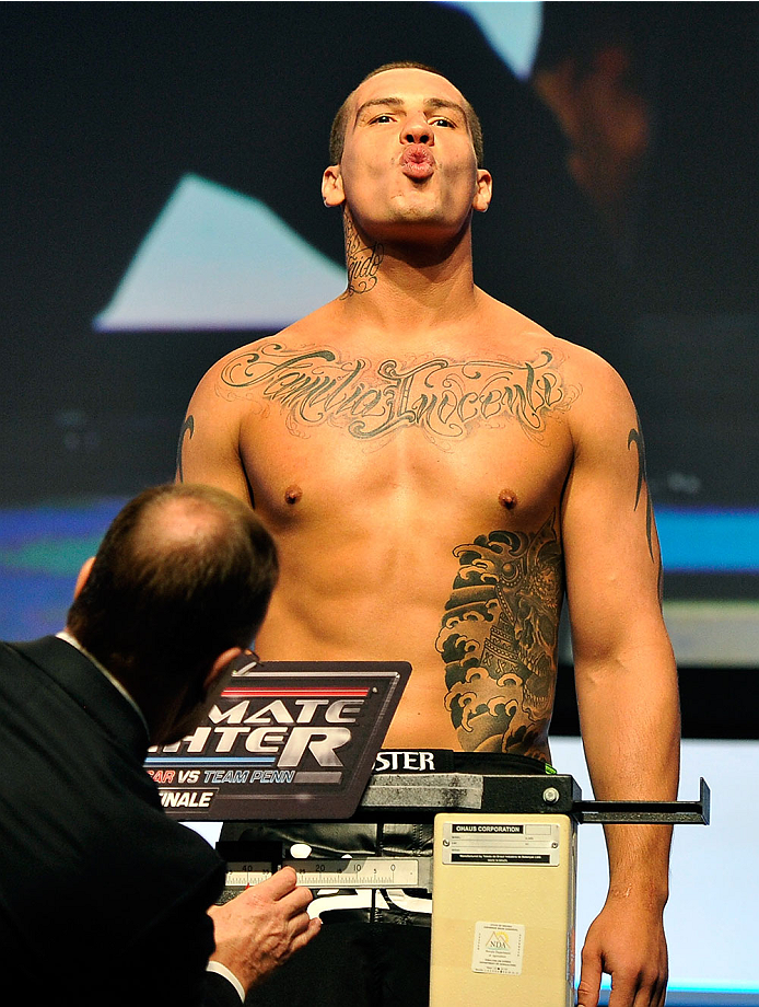 LAS VEGAS, NV - JULY 05: Mixed martial artist Guto Inocente poses on the scale during the TUF 19 Finale weigh-in at the Mandalay Bay Convention Center on July 5, 2014 in Las Vegas, Nevada. (Photo by David Becker/Zuffa LLC/Zuffa LLC via Getty Images)