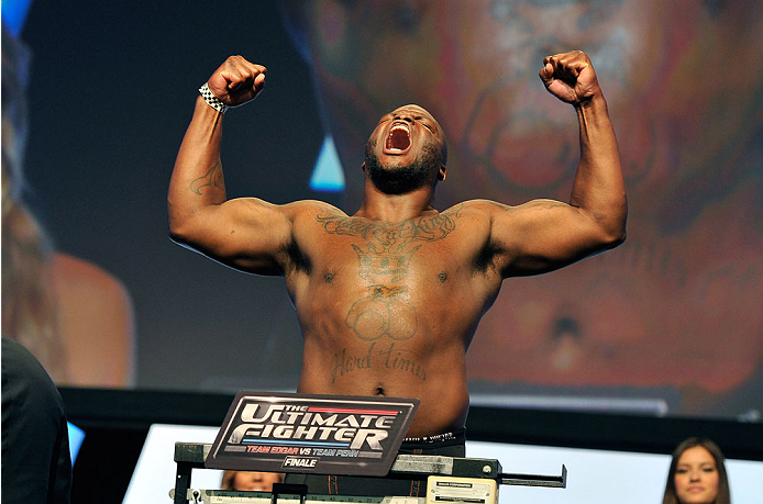 LAS VEGAS, NV - JULY 05: Mixed martial artist Derrick Lewis poses on the scale during the TUF 19 Finale weigh-in at the Mandalay Bay Convention Center on July 5, 2014 in Las Vegas, Nevada. (Photo by David Becker/Zuffa LLC/Zuffa LLC via Getty Images)