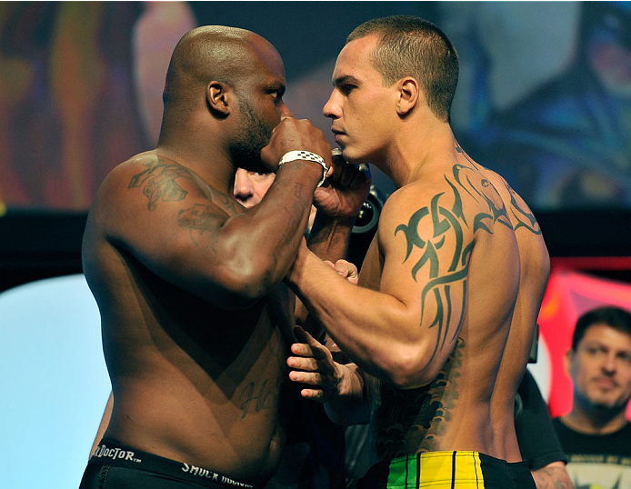 LAS VEGAS, NV - JULY 05: Mixed martial artists Derrick Lewis (L) and Guto Inocente face off during the TUF 19 Finale weigh-in at the Mandalay Bay Convention Center on July 5, 2014 in Las Vegas, Nevada. (Photo by David Becker/Zuffa LLC/Zuffa LLC via Gett