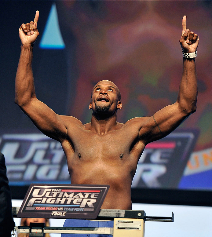 LAS VEGAS, NV - JULY 05: Mixed martial artist Eddie Gordon poses on the scale during the TUF 19 Finale weigh-in at the Mandalay Bay Convention Center on July 5, 2014 in Las Vegas, Nevada. (Photo by David Becker/Zuffa LLC/Zuffa LLC via Getty Images)
