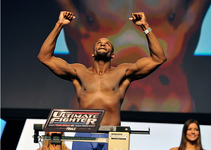 LAS VEGAS, NV - JULY 05: Mixed martial artist Eddie Gordon poses on the scale during the TUF 19 Finale weigh-in at the Mandalay Bay Convention Center on July 5, 2014 in Las Vegas, Nevada. (Photo by David Becker/Zuffa LLC/Zuffa LLC via Getty Images)